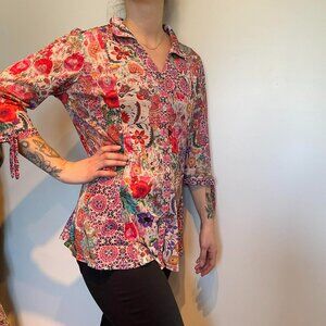 ZOE colorful abstract print  button down blouse, 3/4 sleeves